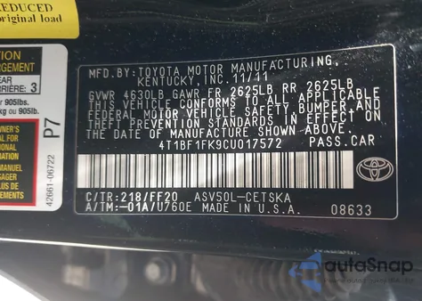 2012 Toyota Camry Se из США, поврежденный, VIN 4T1BF1FK9CU017572